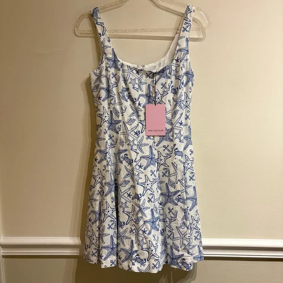 NWT Avec Les Filles Linen Blend Fit Flare Nautical Starfish Anchor Dress Size 2 - Picture 6 of 10